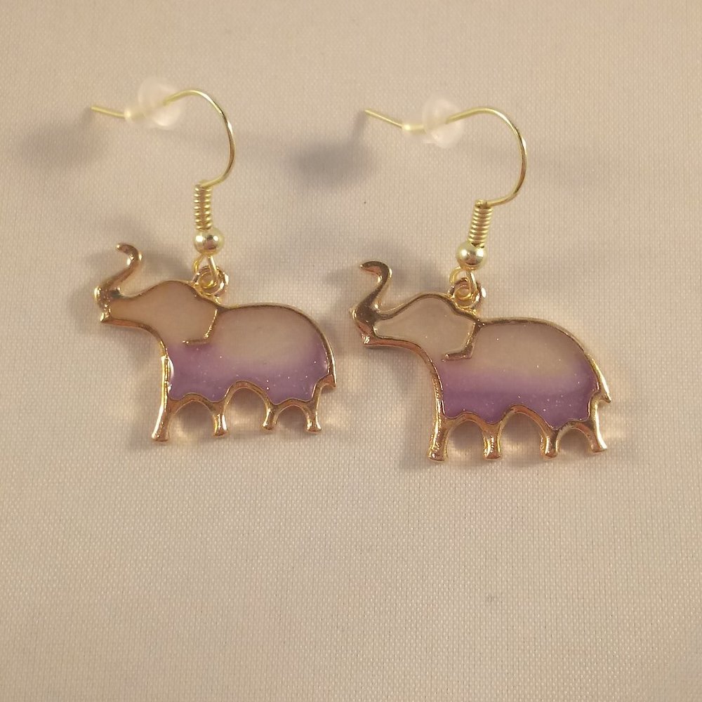 Gold Purple Elephant Drop Dangle Earrings New Mystical Hypoallergenic Hooks